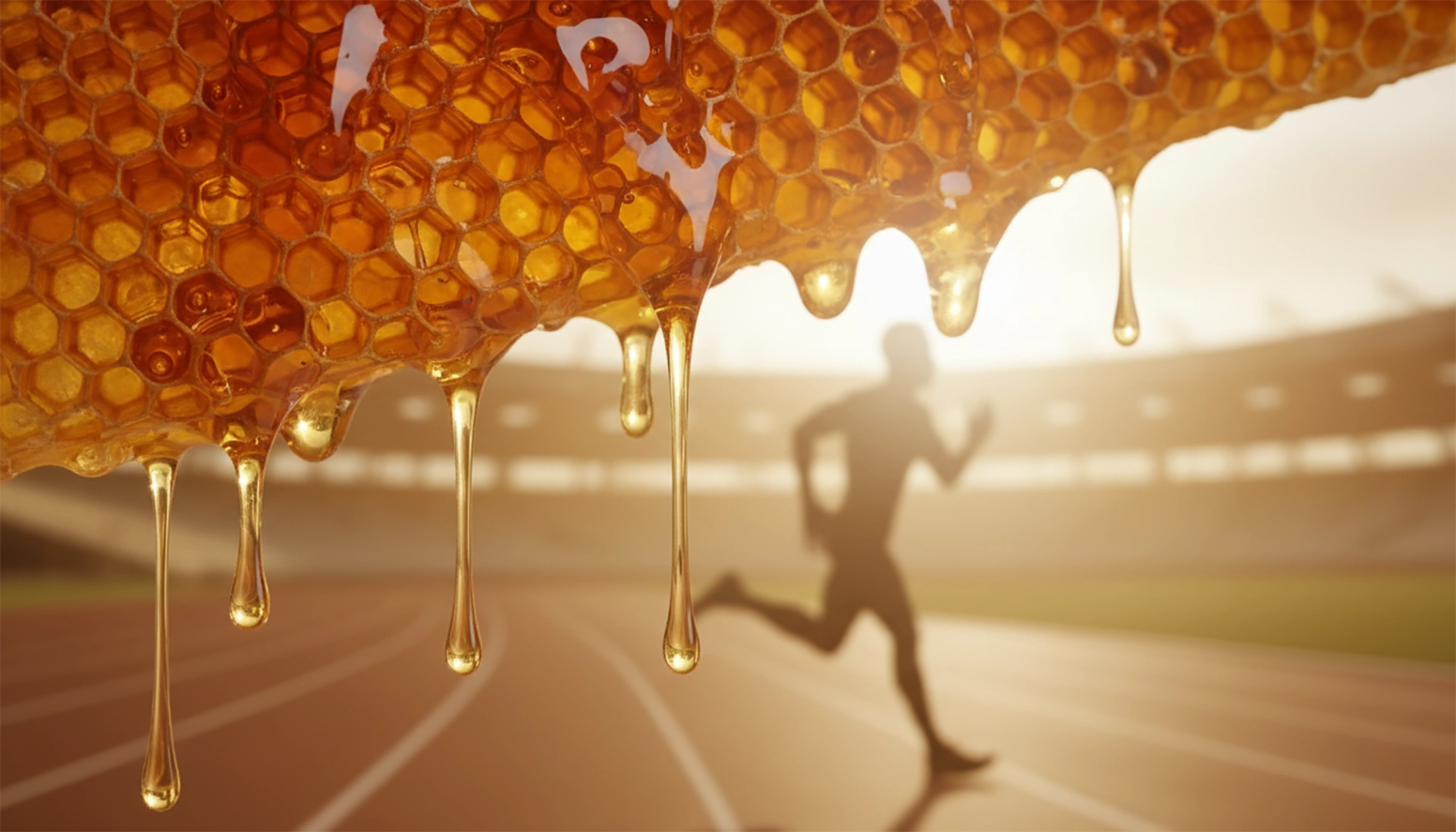 Persona che corre al tramonto con in primo piano un favo con del miele colante